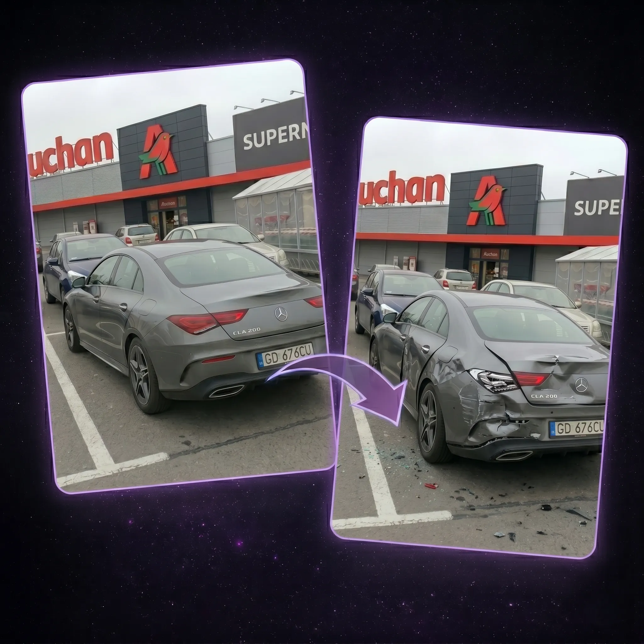 Before and after: a damaged car photo edited with Vimeria AI prompts